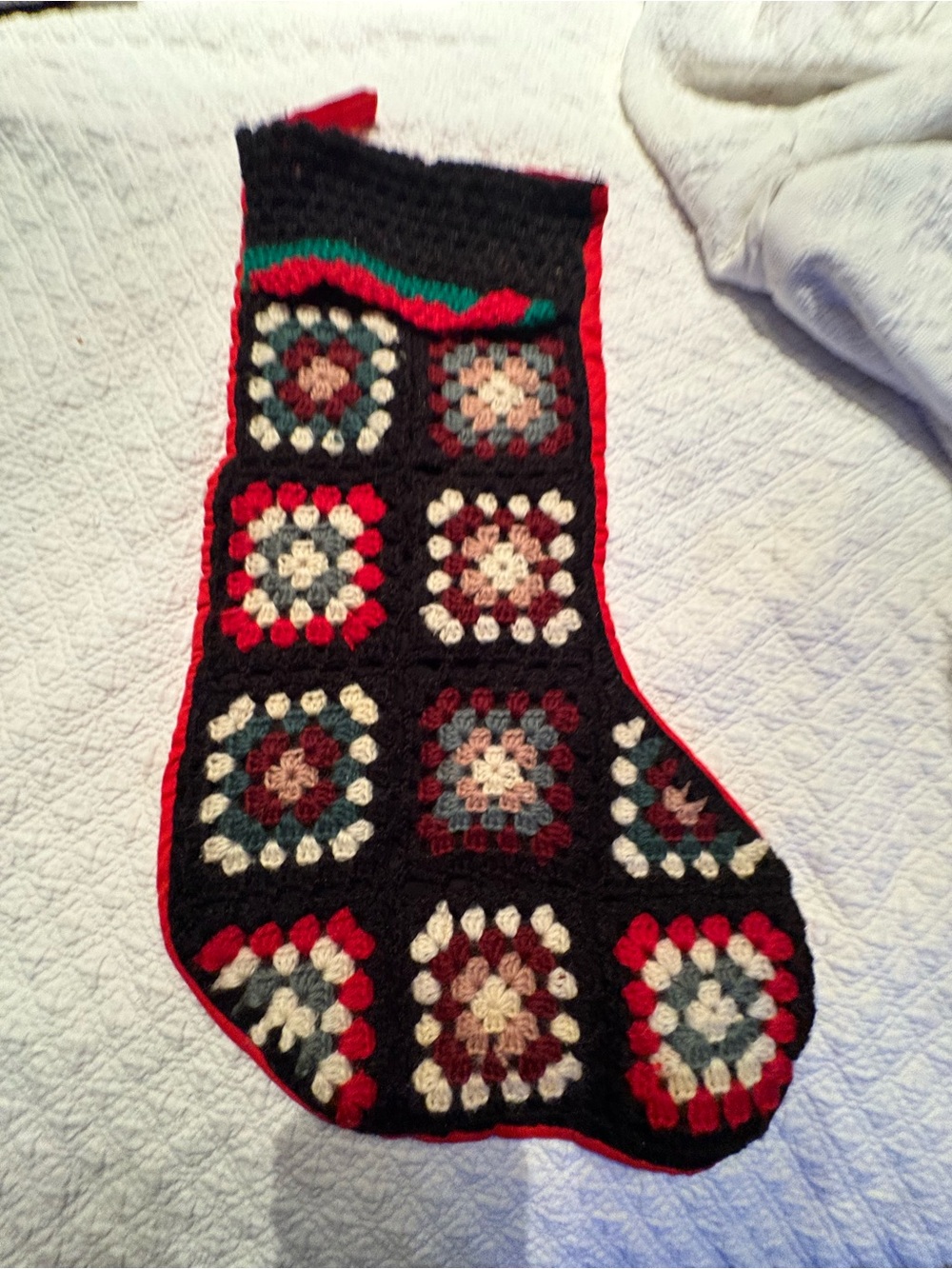 Handmade Crochet Christmas Stocking Black Red Vintage Cottage Granny Squares